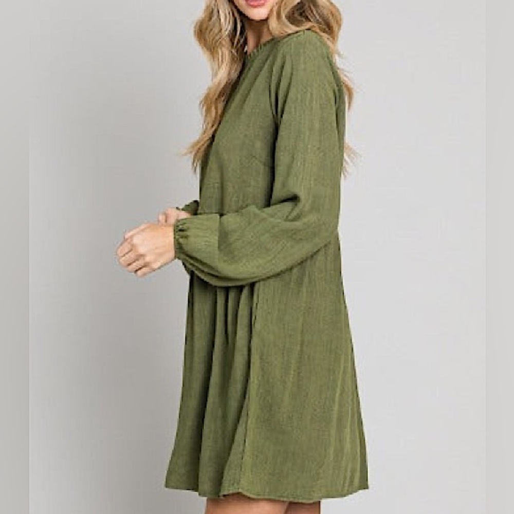 Heyson Size 1XL Green Washed Gauze Ruffled High Neck Long Sleeve Dress - Picture 3 of 13